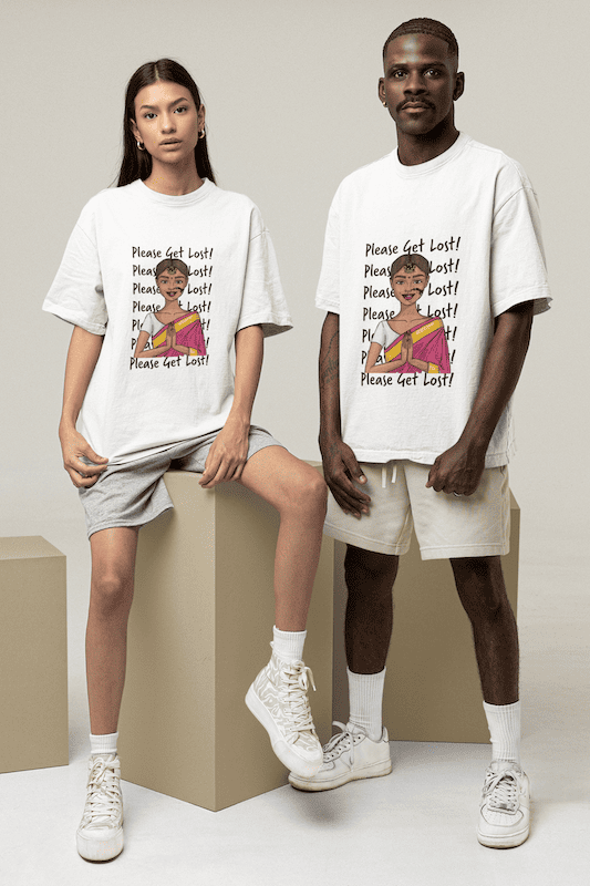 A man and a woman wearing 'Please Get Lost Unisex Oversize T-Shirt in White' from The Edi Archive - Ctrl+Me collection