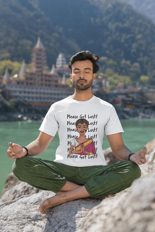 A man and a woman wearing 'Please Get Lost Unisex Oversize T-Shirt in White' from The Edi Archive - Ctrl+Me collection