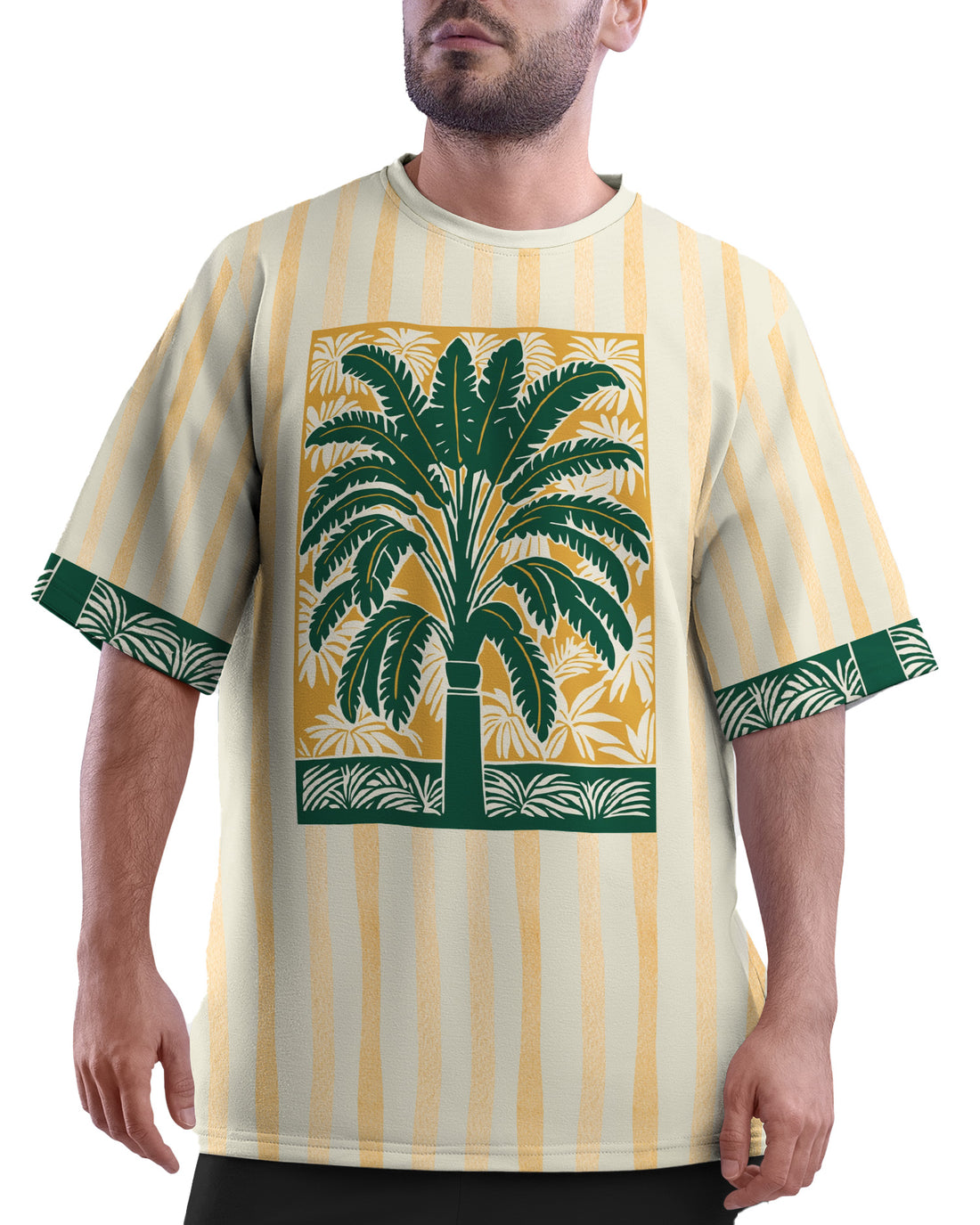 Man relaxing in a hammock wearing Azure Palms Unisex Oversized t-shirt from The Edi Archive, with a palm tree design.