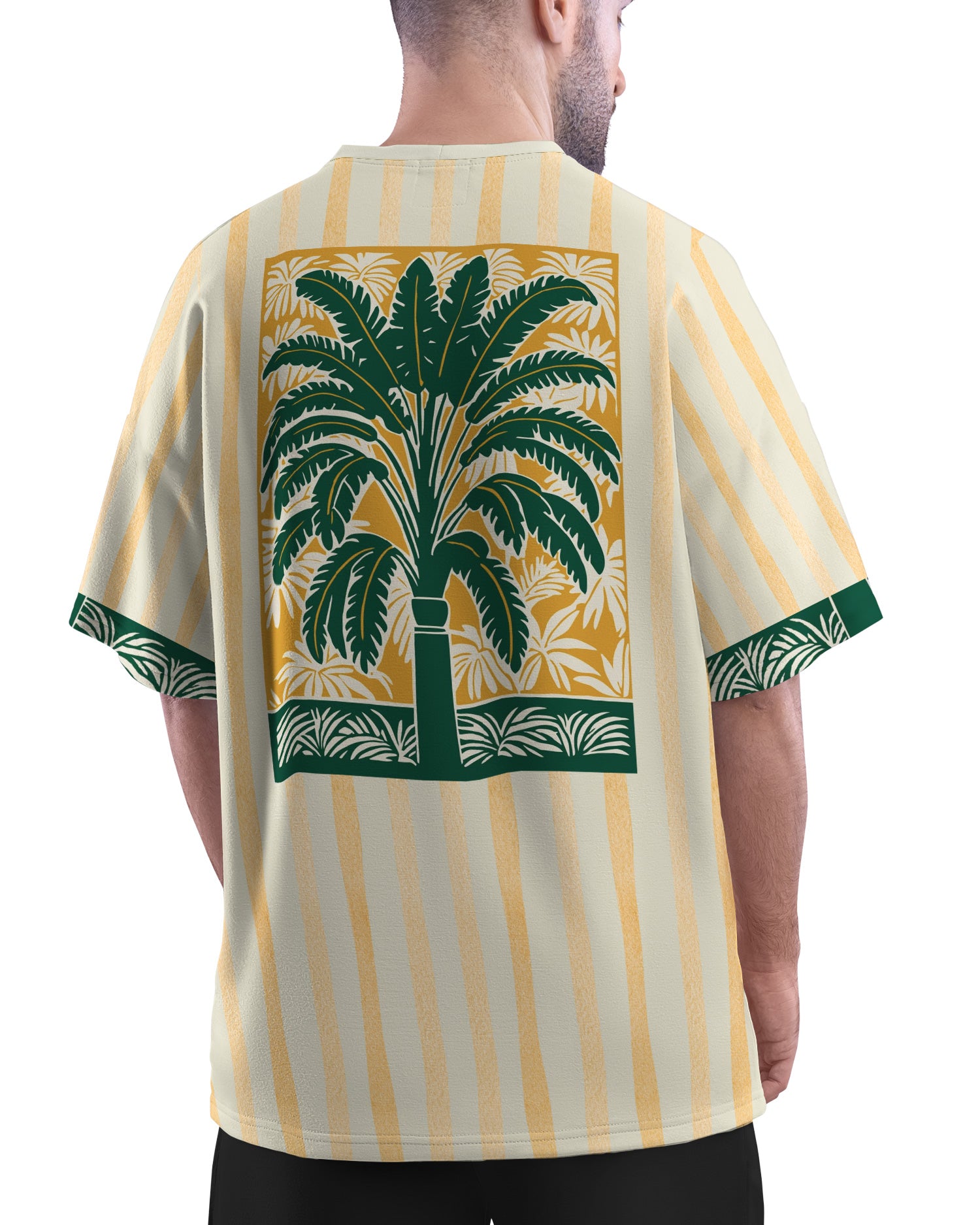 Back view of Azure Palms Unisex Oversized t-shirt from The Edi Archive,  showing seamless beach-inspired print
