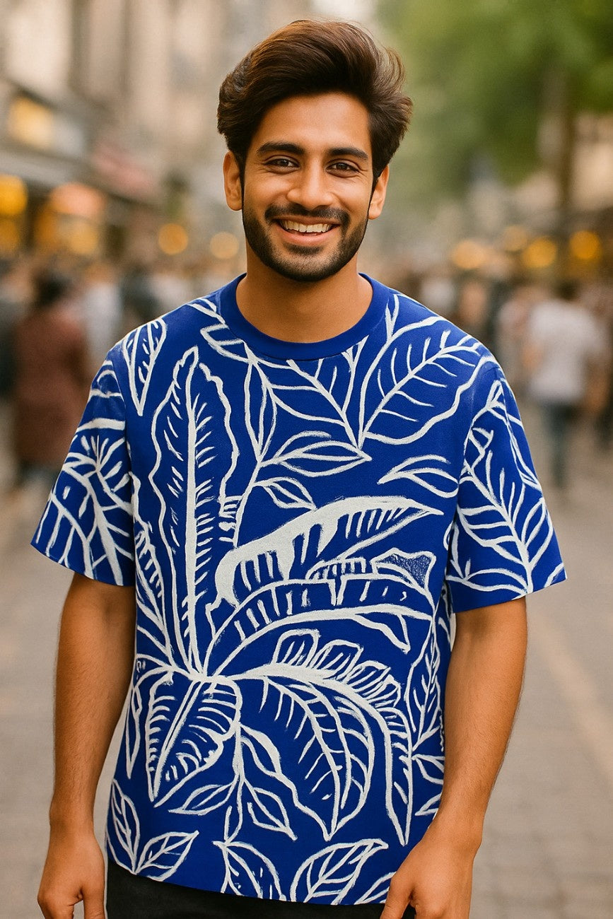 Man wearing an oversized t-shirt, Blue Life from The Edi Archive, on a blurred street background