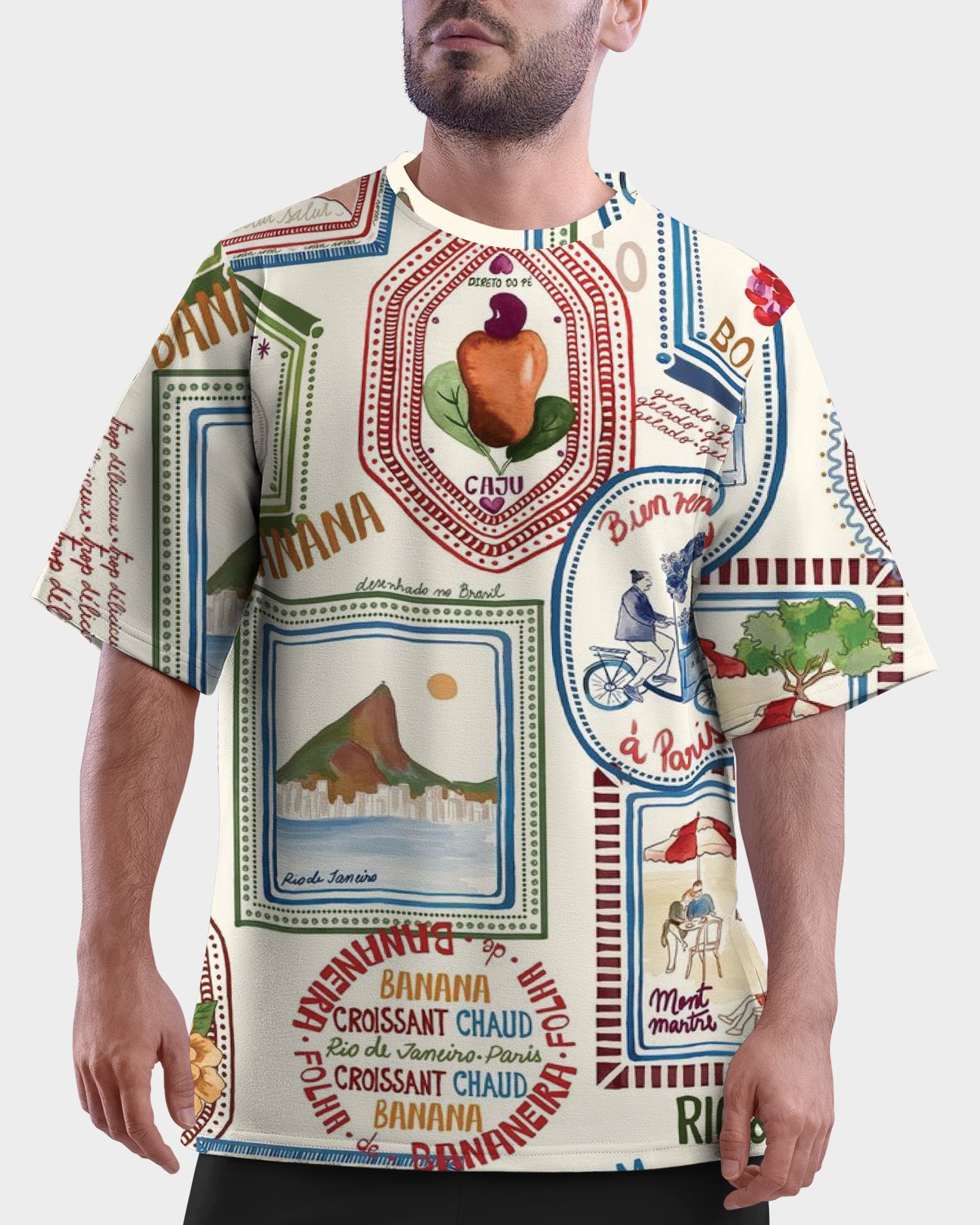 Model wearing Bonjour Unisex Oversized T-Shirt From The Edi Archive, front view with handwritten-style Bonjour graphic print