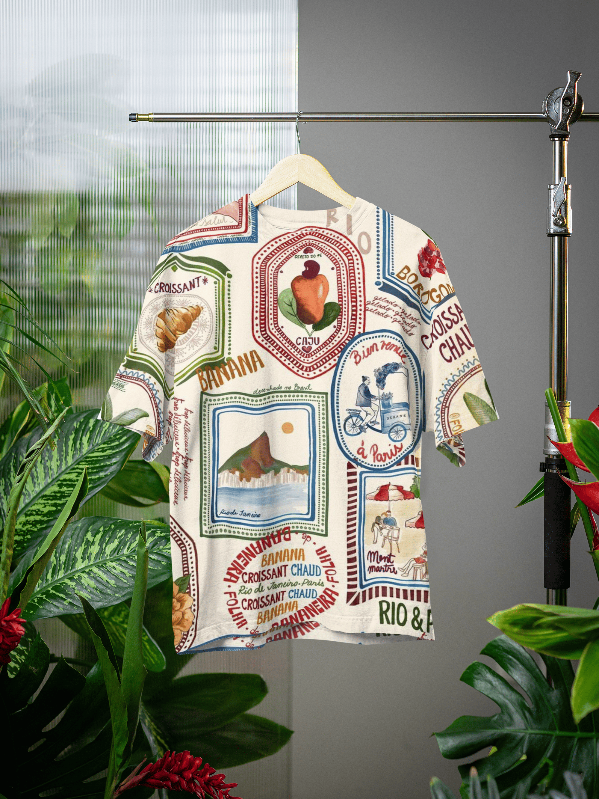 Bonjour Unisex Oversized T-Shirt From The Edi Archive, hung on rod showing full graphic print and relaxed oversized silhouette