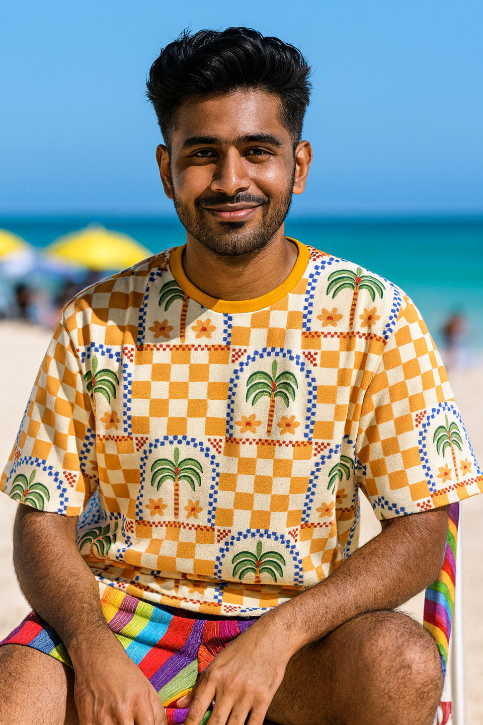 Man wearing a colorful patterned Desert Palm Unisex Oversized T-Shirt from The Edi Archive, and shorts on a beach