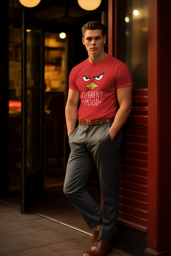 Man styled in The Edi Archive’s 'Current Mood' T-shirt with formal pants, showing a sharp full-body smart-casual look.