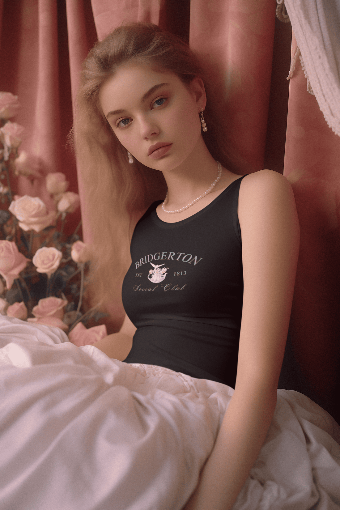 Girl wearing black Bridgerton women’s tank top from The Edi Archive, featuring vintage romantic letter-inspired design in soft coquette aesthetic.