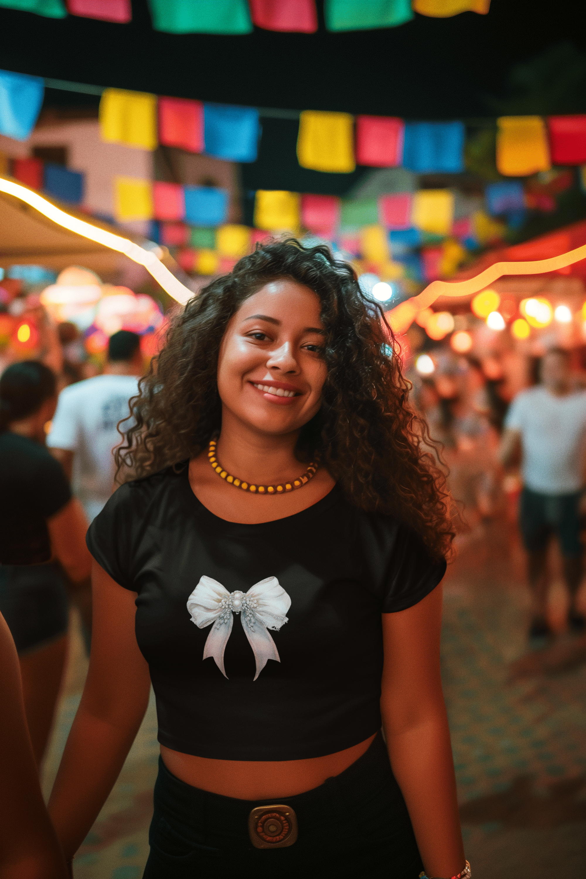 Girl wearing black Bow To The Queen women’s crop top from The Edi Archive, featuring a crystal-embellished watercolor bow in regal coquette aesthetic.