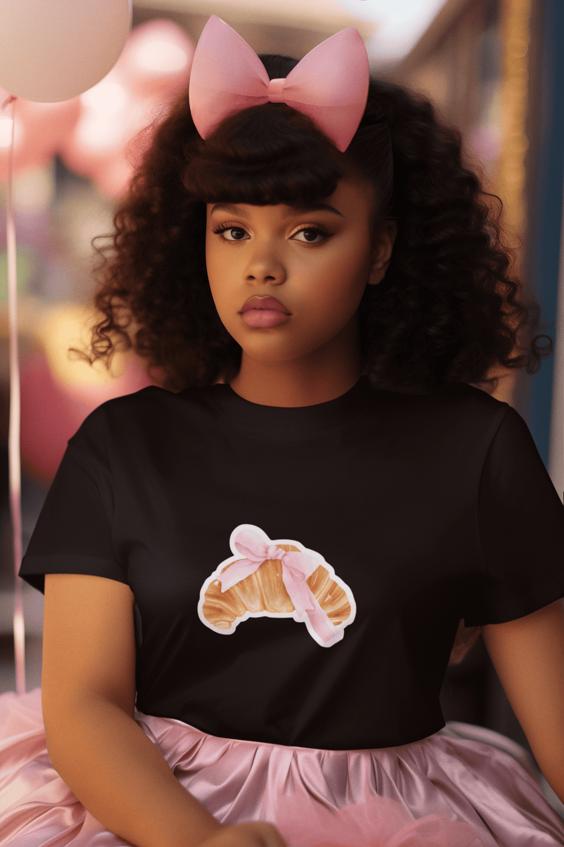 Girl wearing black Bowy Delish women’s t-shirt from The Edi Archive, featuring a croissant wrapped in a pink bow, styled in cute coquette breakfast-core aesthetic.
