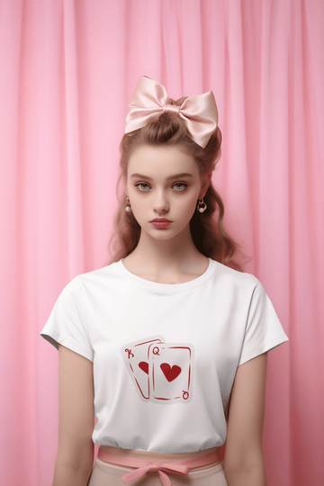 Girl wearing white King N Queen women’s t-shirt from The Edi Archive, featuring soft pink coquette king and queen playing card illustrations.