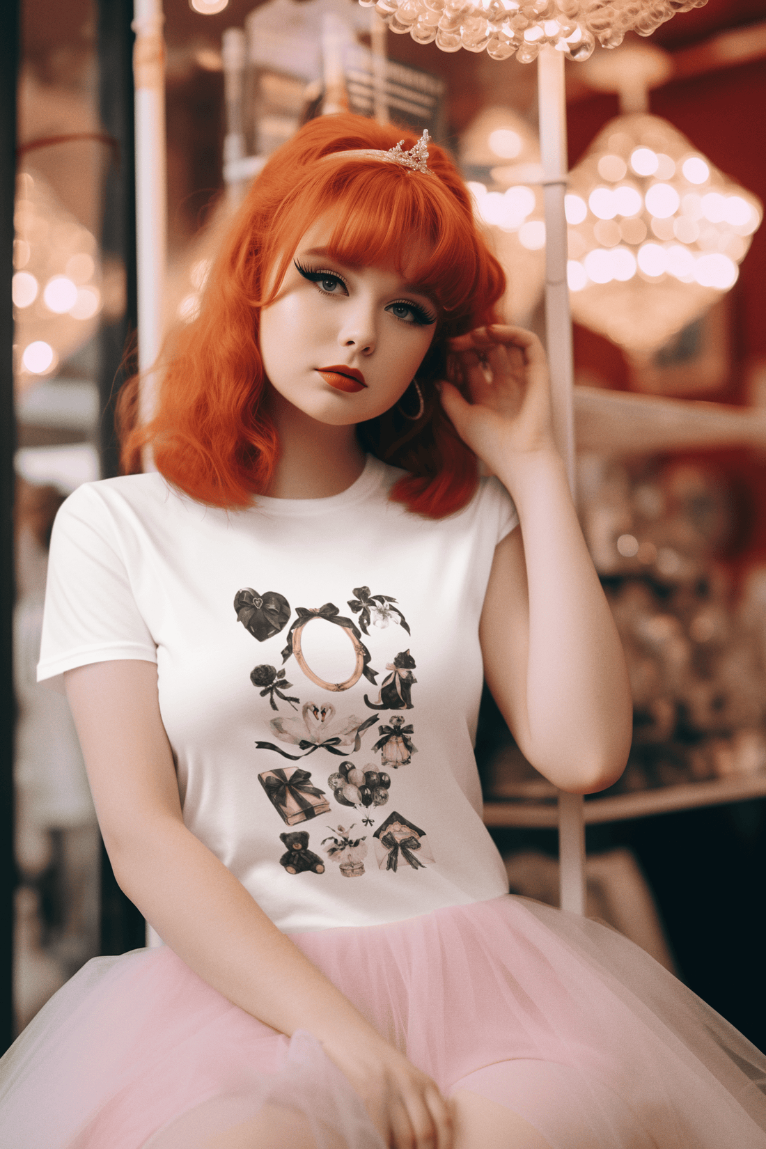 Girl wearing white cotton Black Vibe women’s t-shirt from The Edi Archive, featuring all-black coquette collage with black teddy, book, and bow.