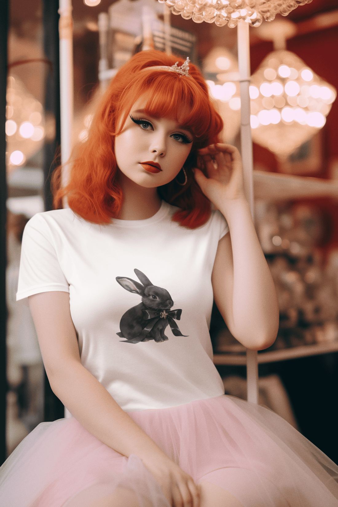 Girl wearing white Bright Like A Diamond women’s t-shirt from The Edi Archive, featuring a black coquette bunny styled in soft dark romantic aesthetic.