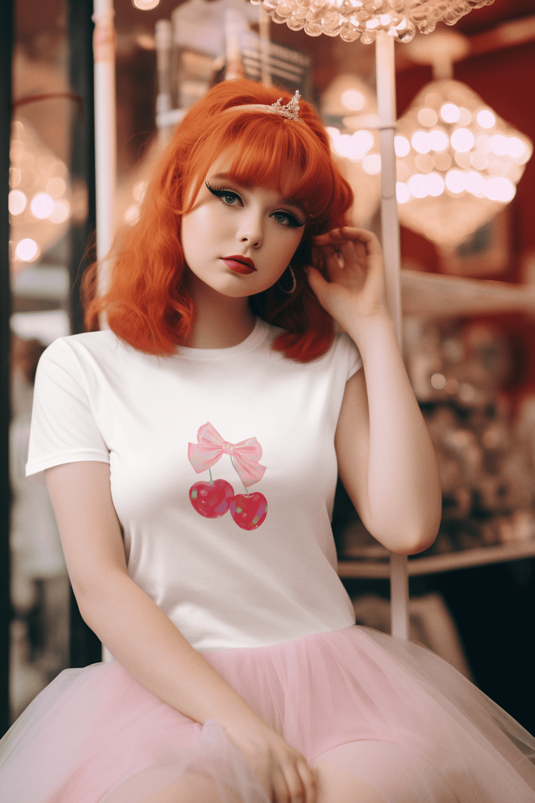Girl wearing white Cherry Berry women’s t-shirt from The Edi Archive, featuring a holographic cherry in coquette aesthetic with glossy detail.