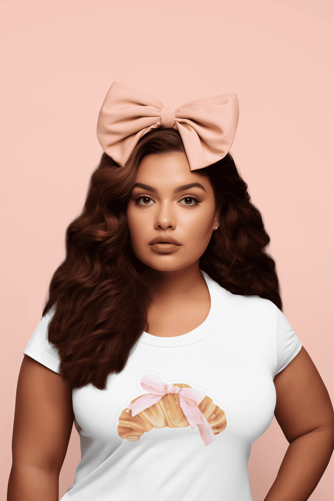 Girl wearing black Bowy Delish women’s t-shirt from The Edi Archive, featuring a croissant wrapped in a pink bow, styled in cute coquette breakfast-core aesthetic.