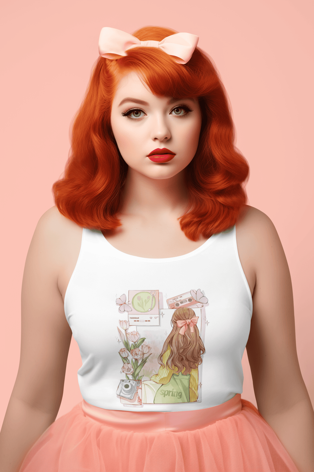 Girl wearing white Field Of Spring women’s tank top from The Edi Archive, featuring a soft floral coquette print in airy spring-inspired aesthetic.