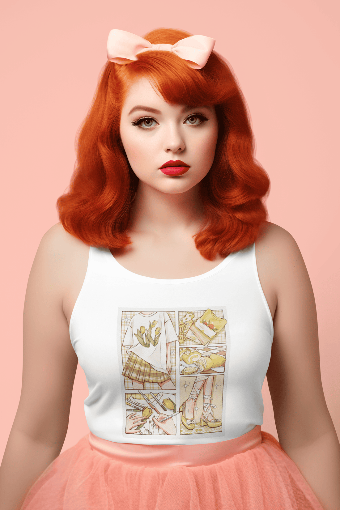 Girl wearing white That Girl women’s tank top from The Edi Archive, featuring a soft coquette-style painting of a girl in minimal pastel aesthetic.