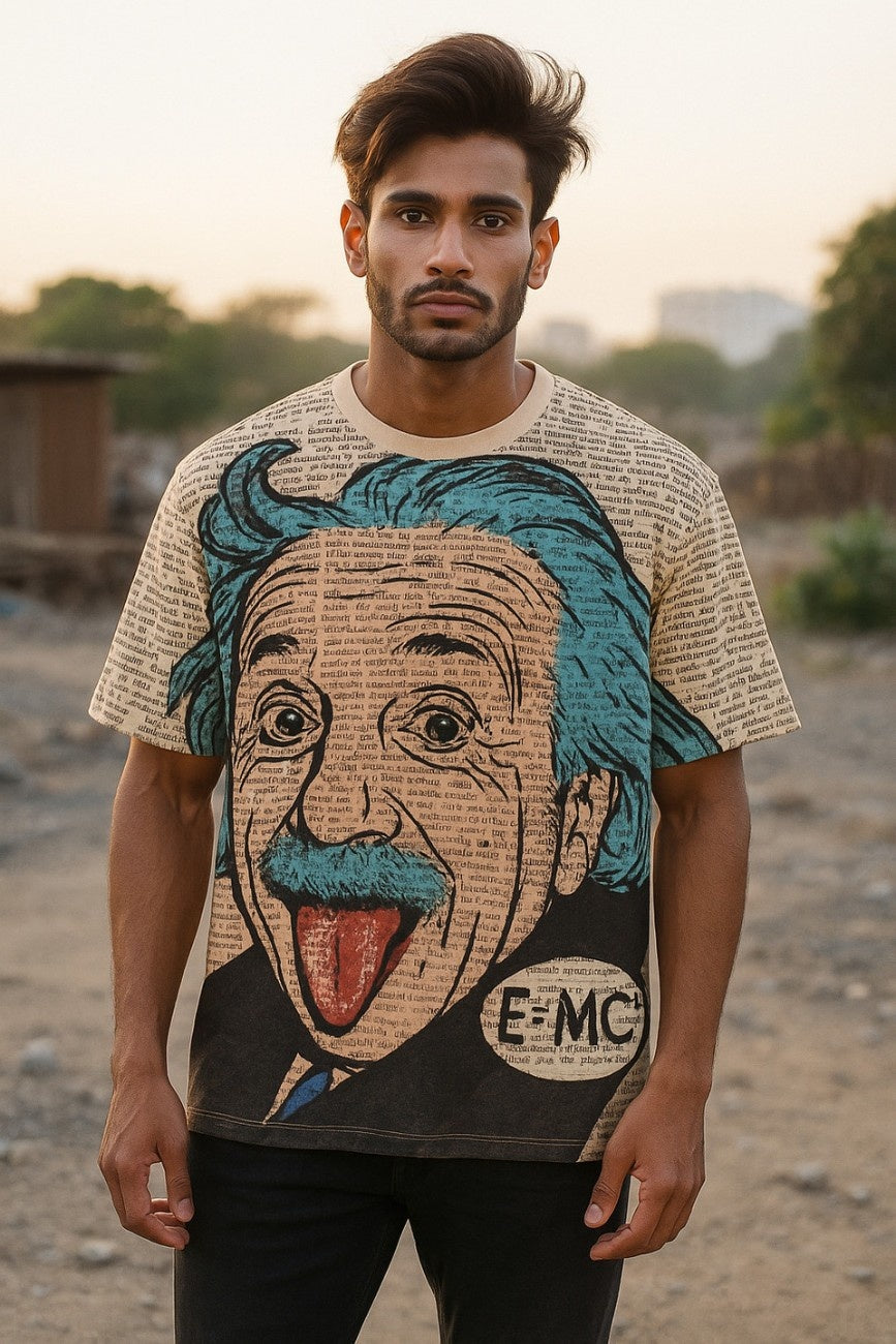 Man wearing an oversized t-shirt with a graphic design of a famous scientist Einstein from The Edi Archive on a city street at night.
