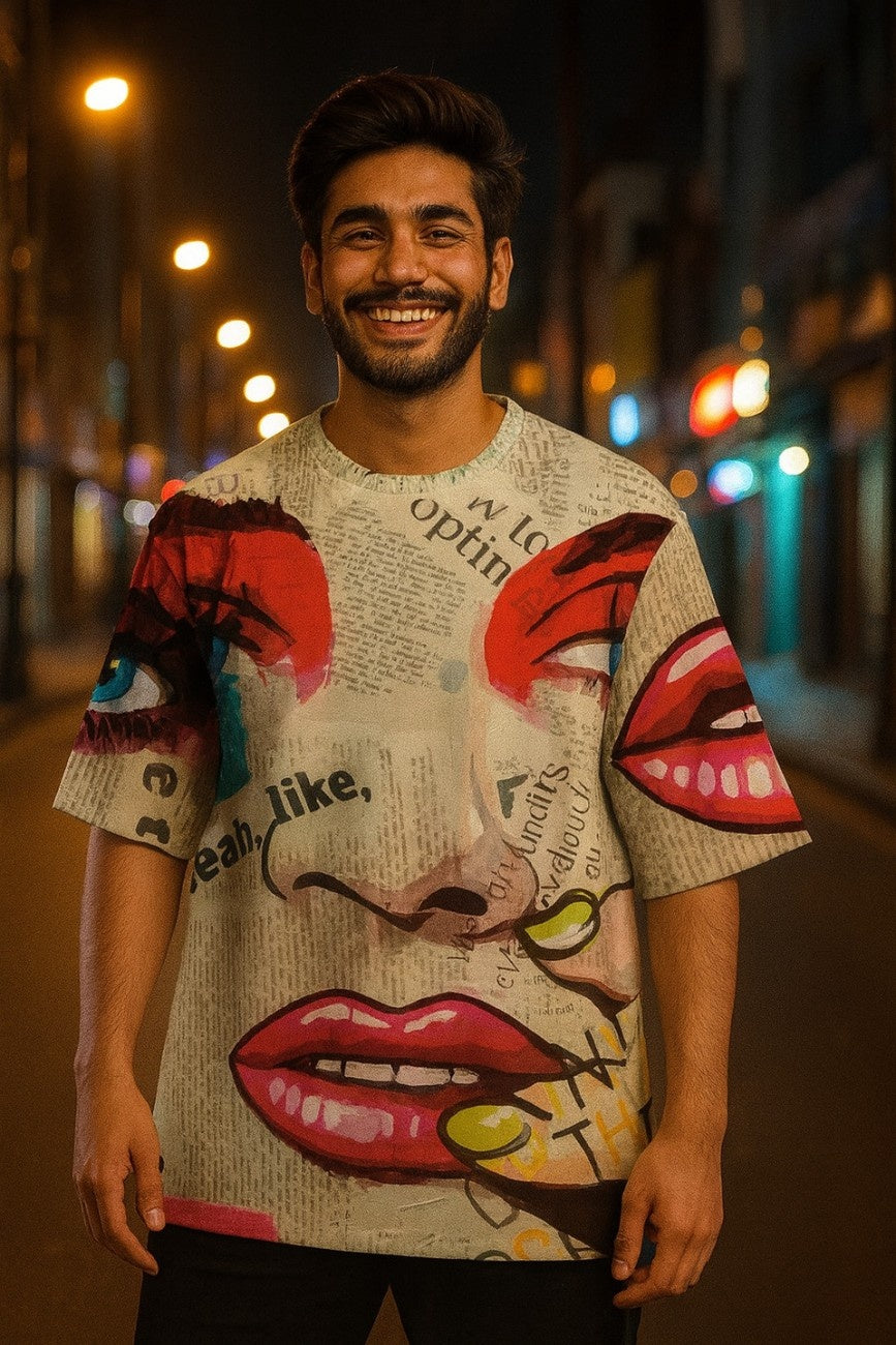 Man wearing a colorful Eyes On You graphic t-shirt from The Edi Archive on a city street at night.