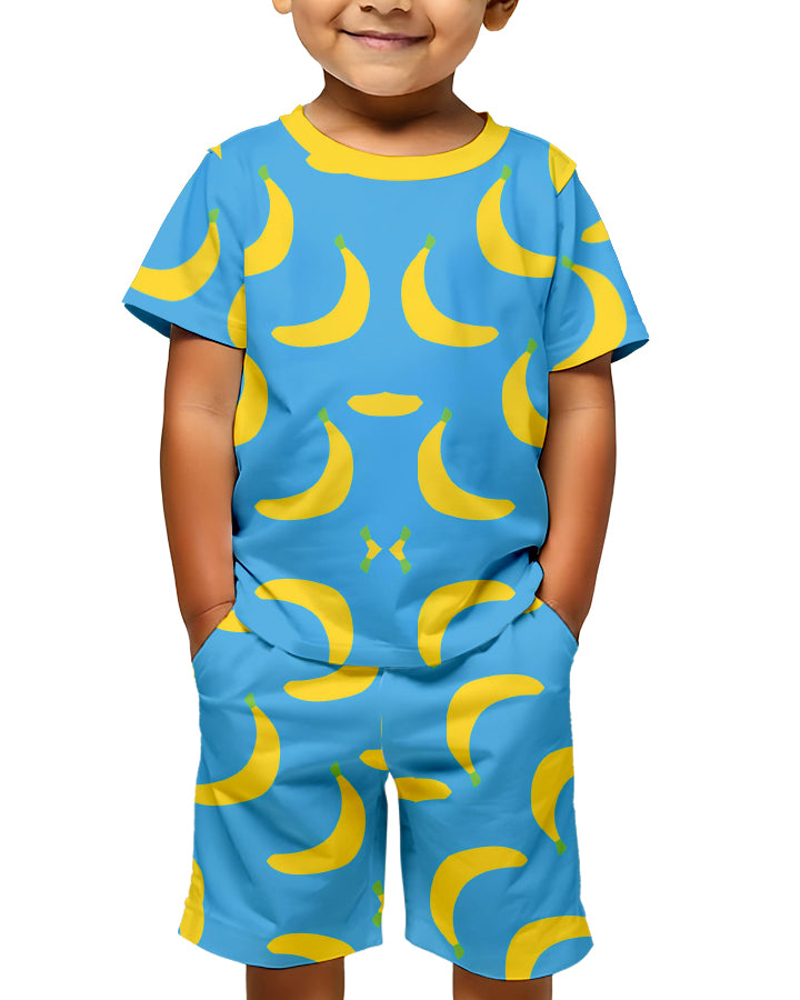 Child wearing Go Bananas Kids Co-Ords Set front view with vibrant banana all-over print on T-shirt and shorts