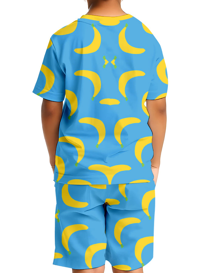 Child wearing Go Bananas Kids Co-Ords Set front view with vibrant banana all-over print on T-shirt and shorts