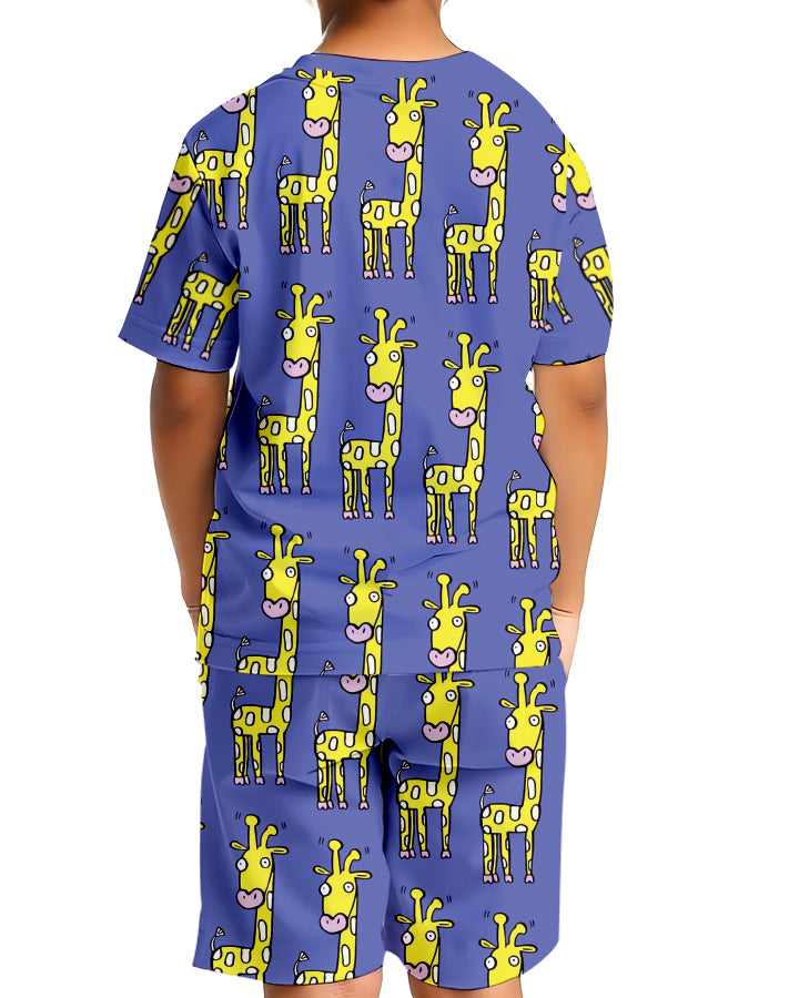 Child wearing Happy Giraffe Kids Co-Ords Set front view showing unisex giraffe printed T-shirt and shorts