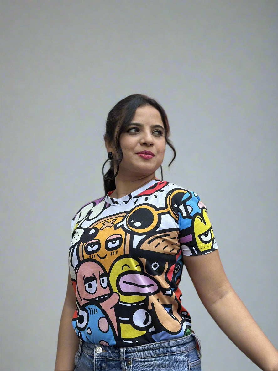 A woman wearing the riddle graphic t-shirt