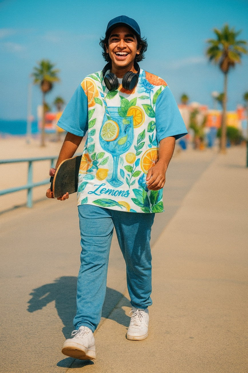 Person wearing a colorful Lemon Rush Oversized T-Shirt from The Edi Archive, with lemon design and blue pants, holding a skateboard on a beach boardwalk.