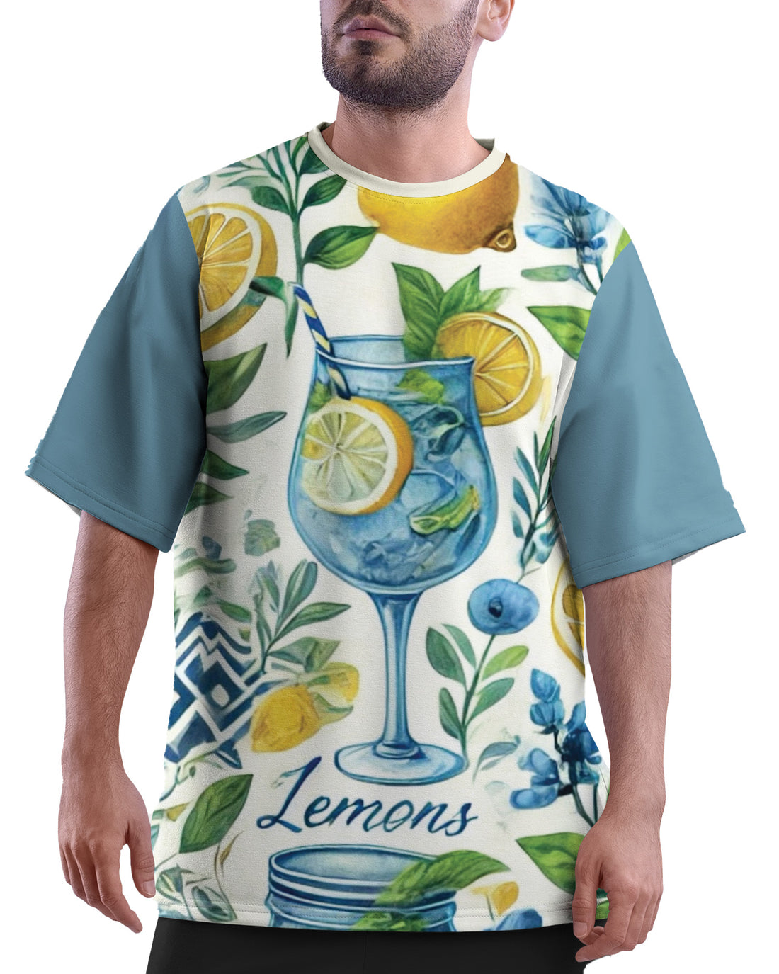 Person wearing a colorful Lemon Rush Oversized T-Shirt from The Edi Archive, with lemon design and blue pants, holding a skateboard on a beach boardwalk.