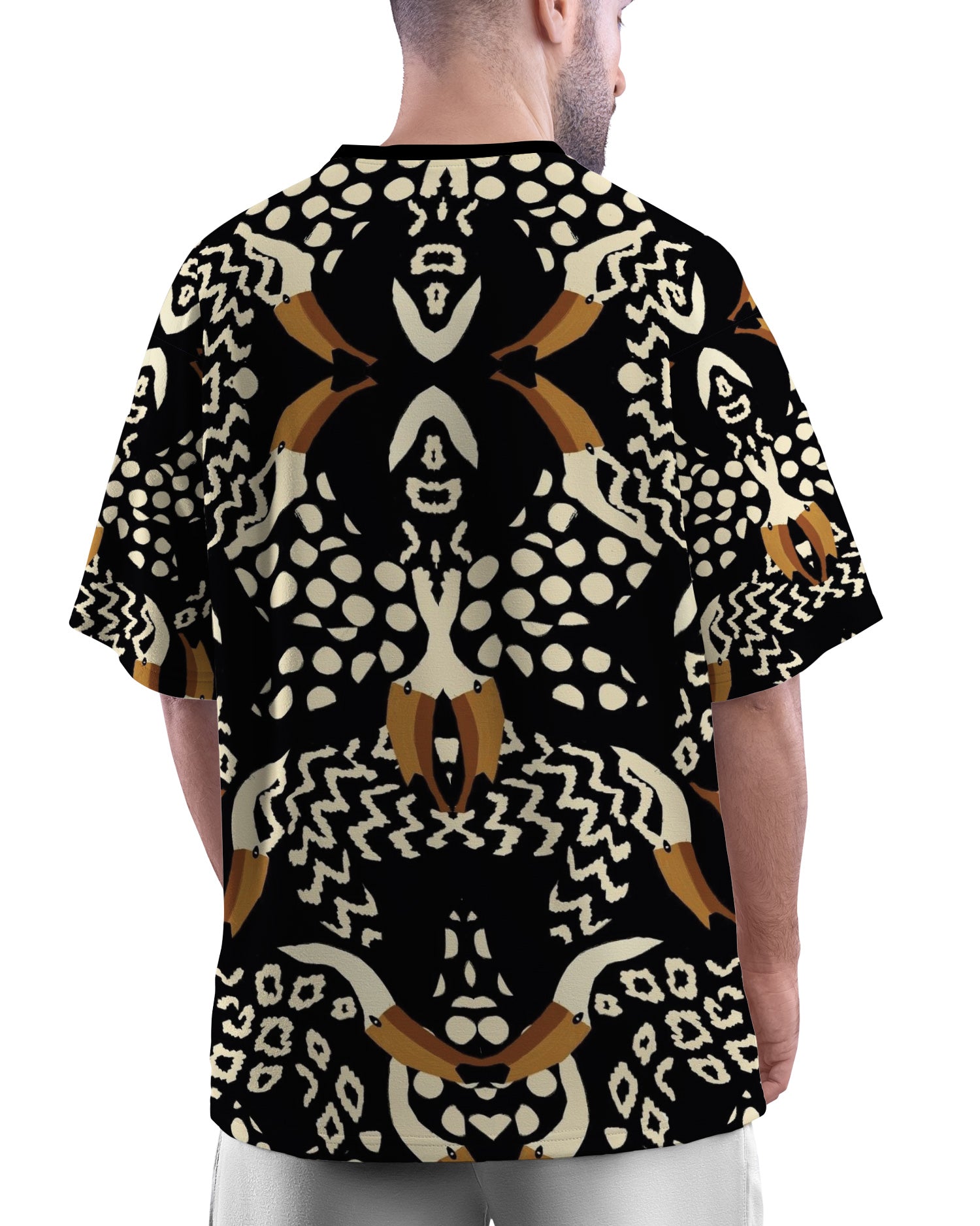 Back view of  Pelican Breeze Unisex Oversized T-Shirt from The Edi Archive, showing oceanic print and relaxed drape