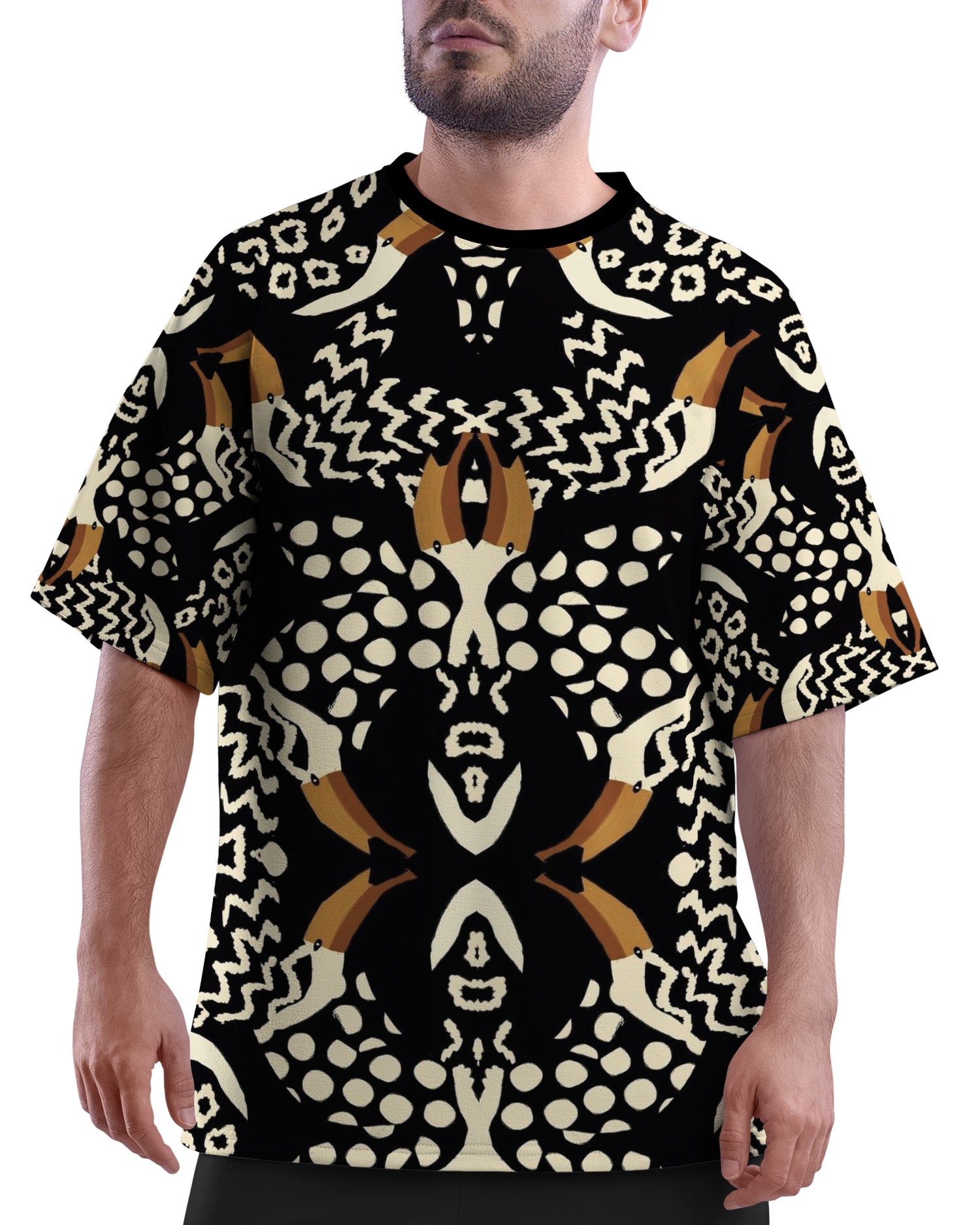 Model wearing  Pelican Breeze Unisex Oversized T-Shirt from The Edi Archive, front view with tropical pelican all-over print