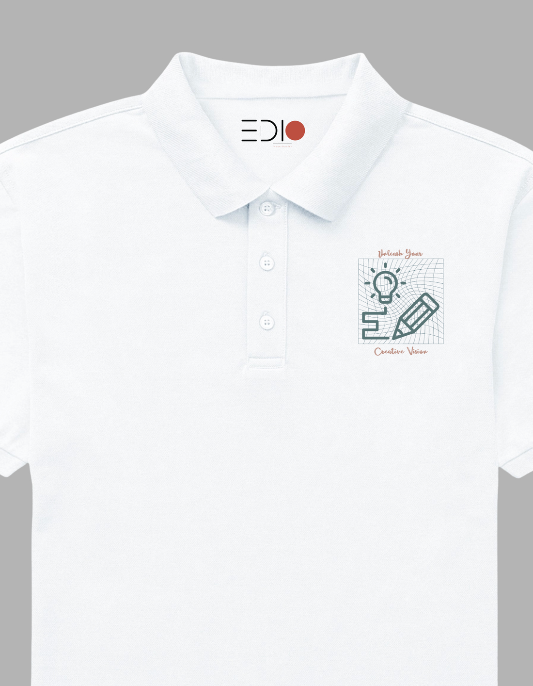 Close-up of The Edi Archive Polo front pocket area with custom logo print placement