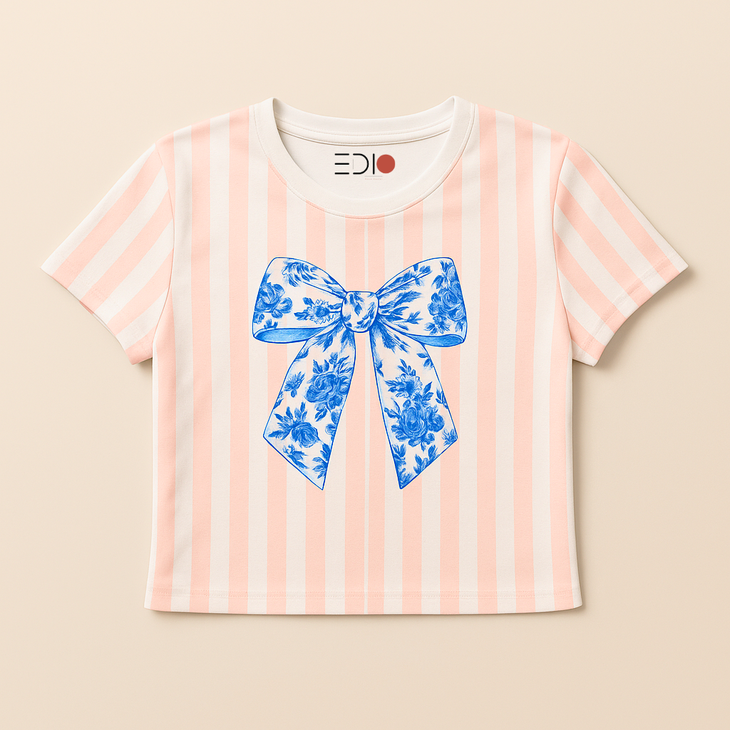 Woman wearing The Edi Archive’s Porcelain Bow crop top in pink and white stripes with a blue floral bow, styled with a pastel blue skirt from The Soft Launch Collection.