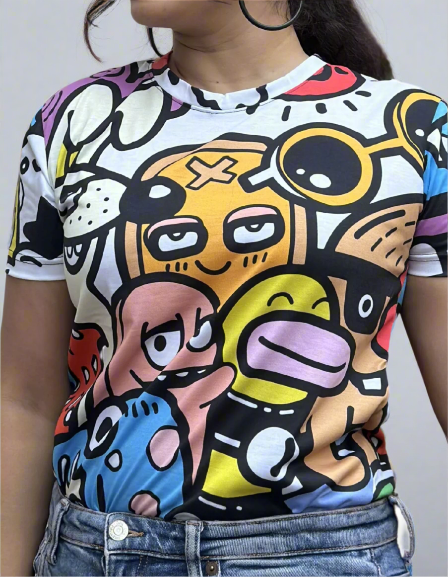 A woman wearing the riddle graphic t-shirt