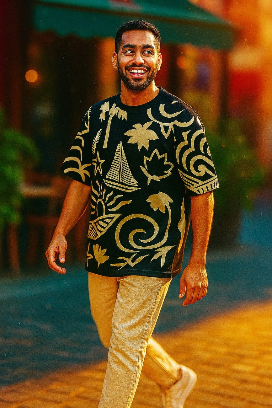 Man wearing a black oversized t-shirt, Sail Away from The Edi Archive walking on a street.