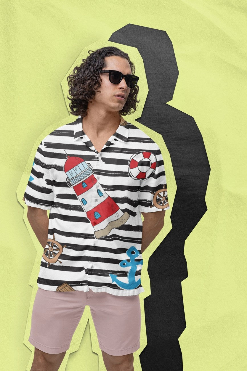 Person wearing Sailor Colors Men's Hawaiian Shirt from the Tropical Drops Collection from The Edi Archive, on a yellow background