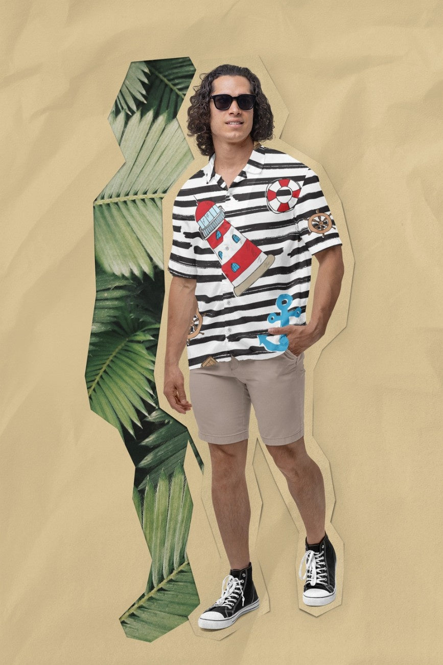 Person wearing Sailor Colors Men's Hawaiian Shirt from the Tropical Drops Collection from The Edi Archive, on a yellow background