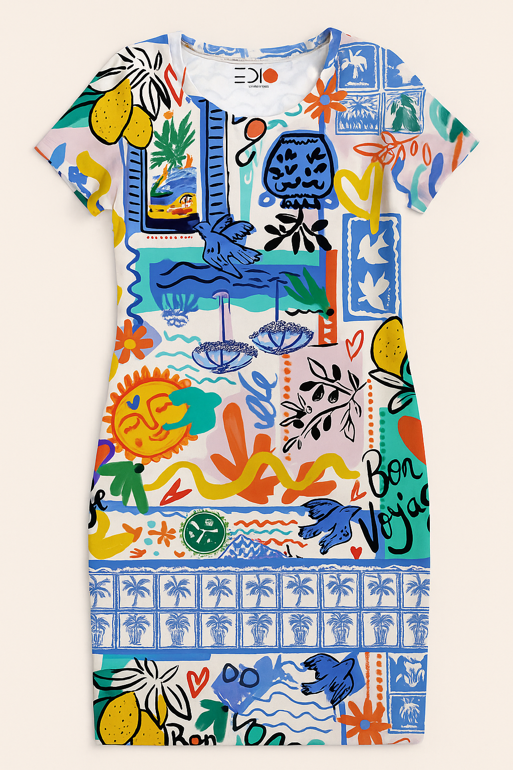 Woman wearing the Slip Away Bodycon Mini Slip Dress from The Edi Archive – fitted tropical slip in soft stretch fabric, styled for a sun-soaked mood.