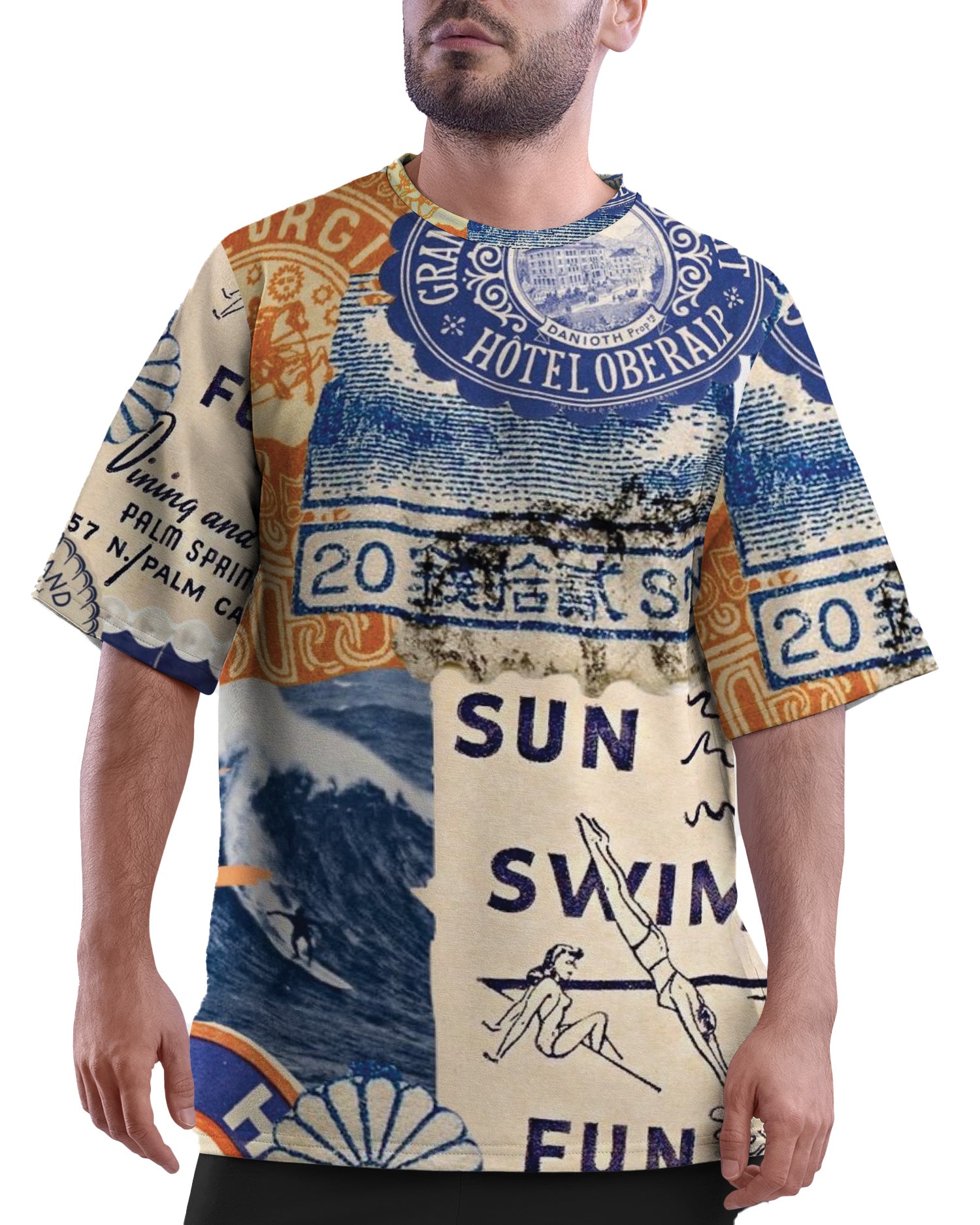 Sun Swim Fun Unisex Oversized T-Shirt from The Edi Archive, with bright tropical-themed all-over print in lightweight drifit fabric as seen on a man front view