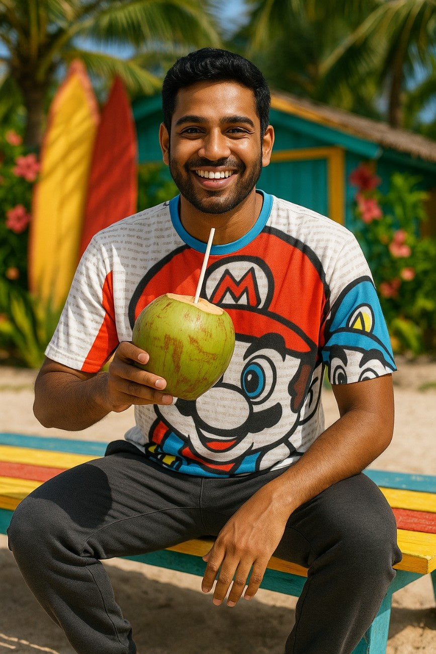 Man holding a coconut with a colorful background wearing the Super Mario Unisex Oversized T-Shirt From The Edi Archive,