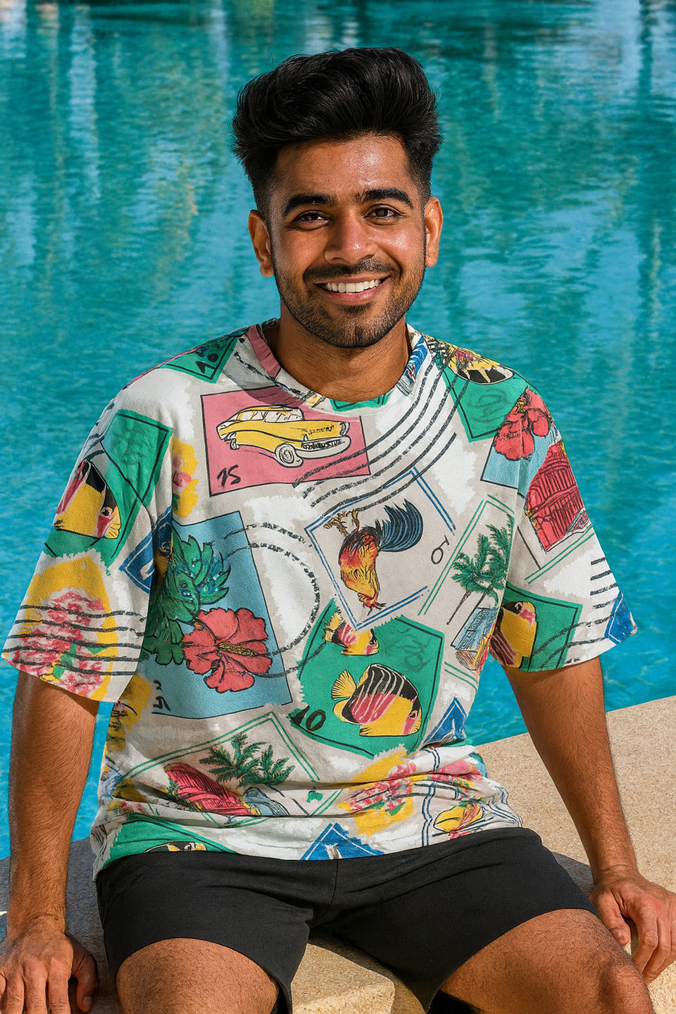 Man wearing a colorful patterned Travelesque Unisex Oversized T-Shirt from The Edi Archive, by a pool