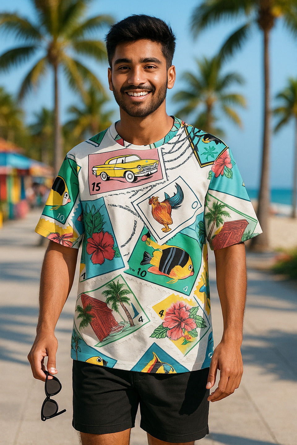 Man wearing a colorful graphic Travelesque Unisex Oversized T-Shirt from The Edi Archive,  with a tropical design, standing outdoors with palm trees and beach in the background.