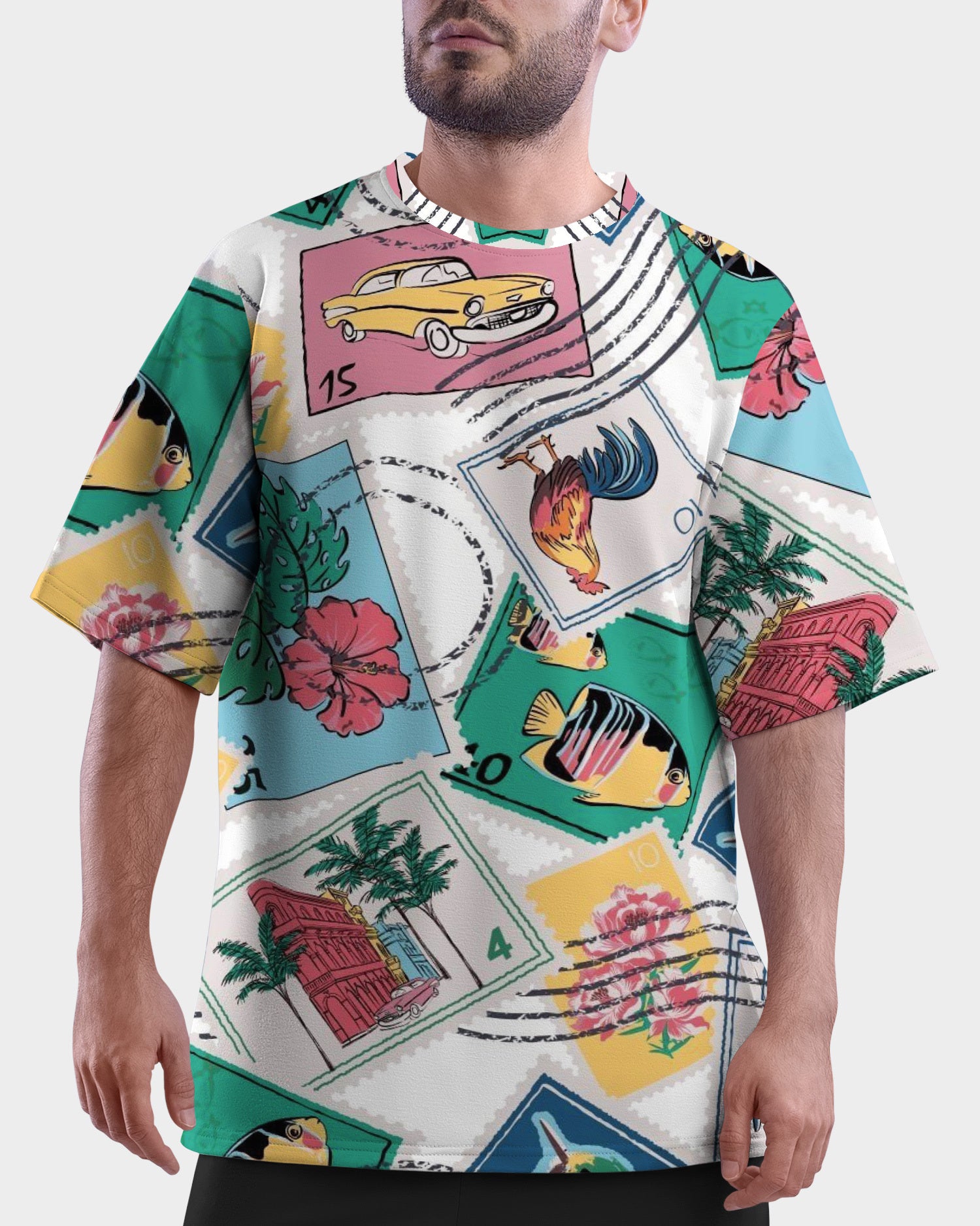 Model wearing Travelesque Unisex Oversized T-Shirt from The Edi Archive, front view with travel-themed all-over print