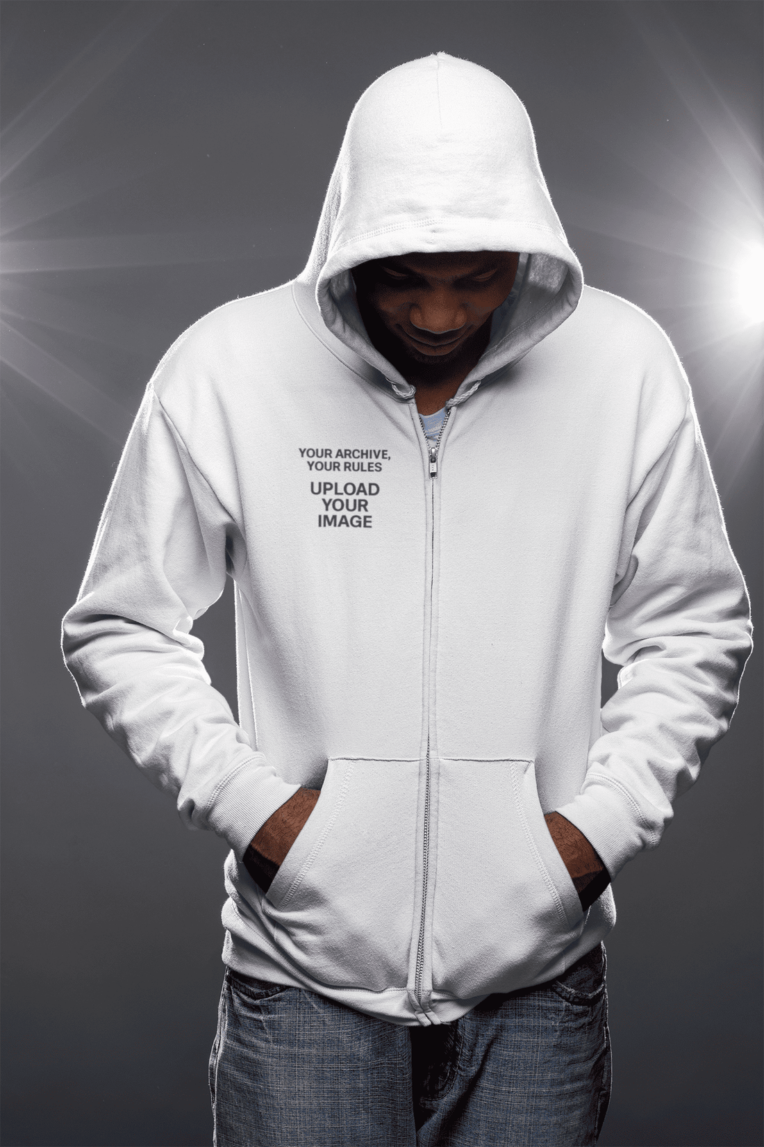 Left pocket print position on White Unisex Zipper Hoodie — The Edi Archive custom design area.