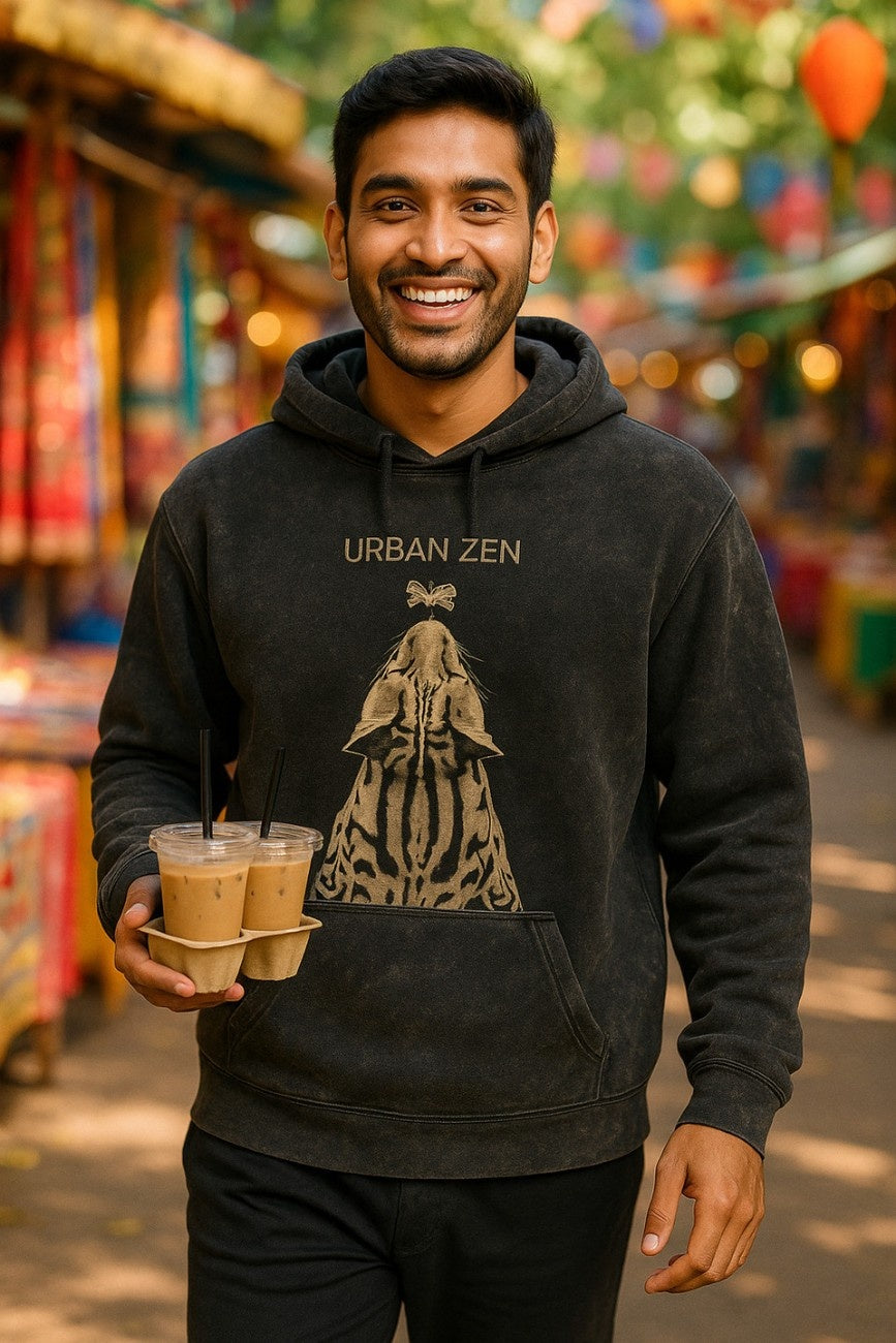 Man wearing  a stone-washed black hoodie with 'Urban Zen' design from The Edi Archive, holding coffee cups in a colorful outdoor setting.
