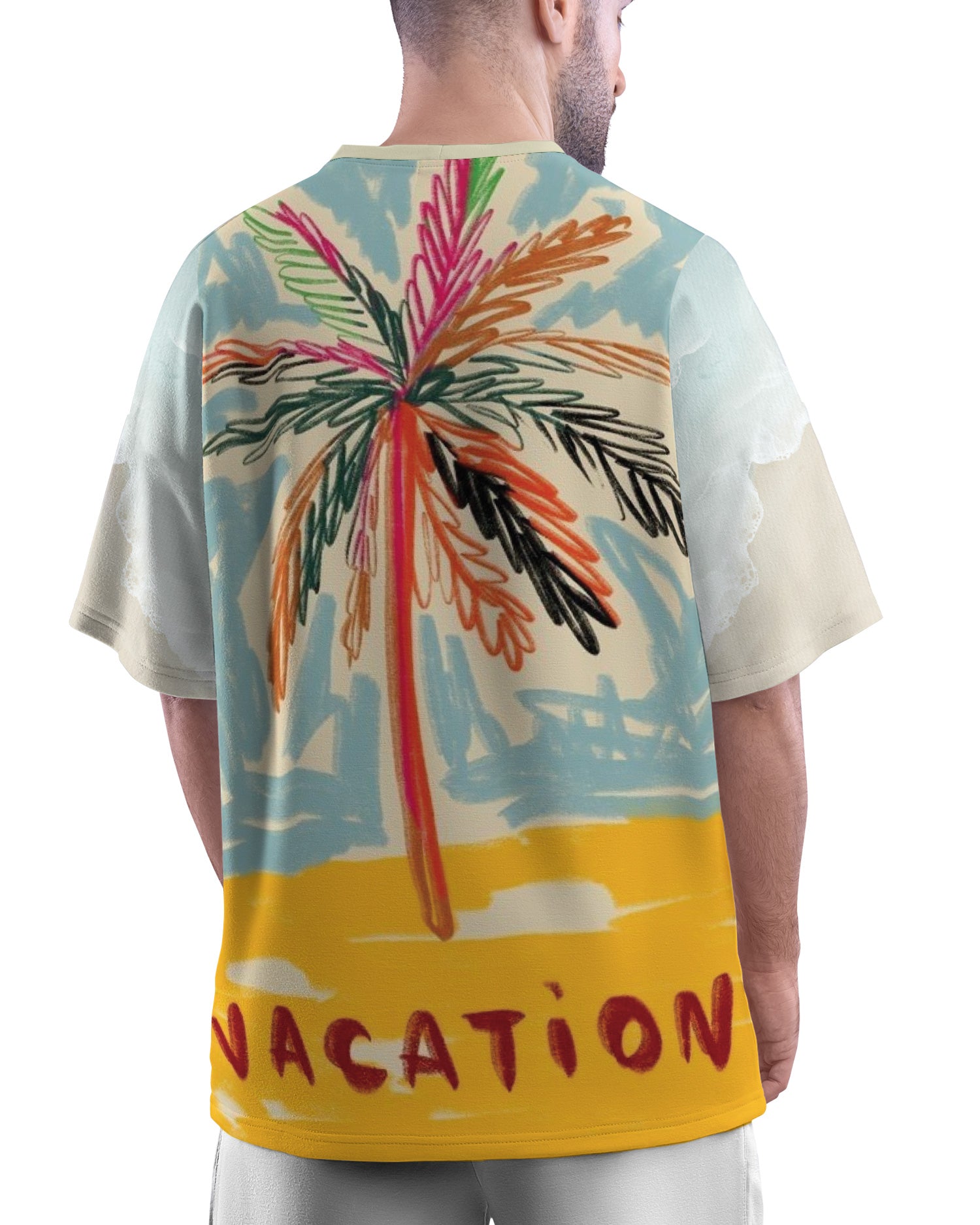 Back view of Vacation Hues Unisex T-Shirt from The Edi Archive, showing vibrant all-over design and relaxed oversized fit