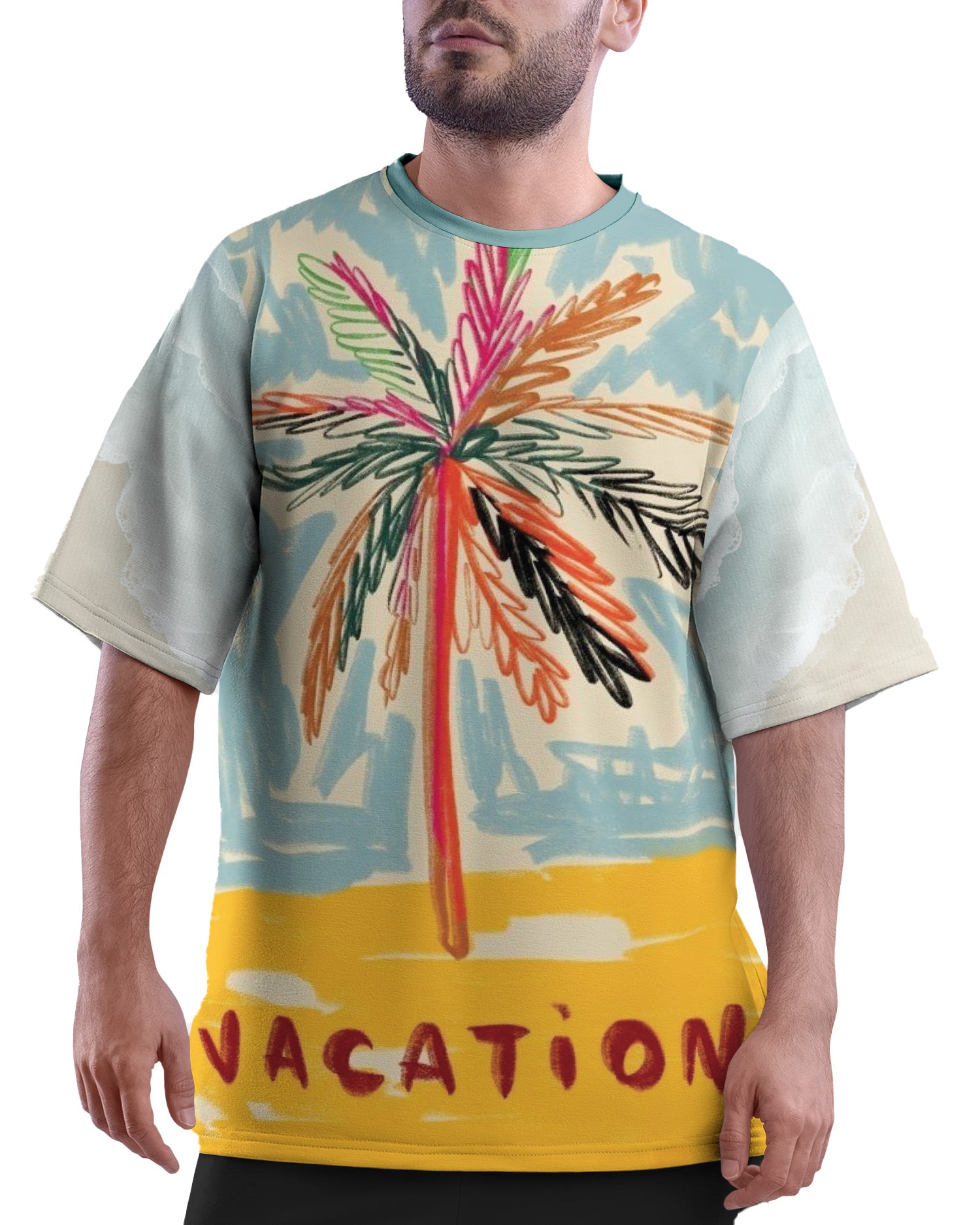 Model wearing Vacation Hues Oversized T-Shirt from The Edi Archive, front view with colorful all-over vacation print