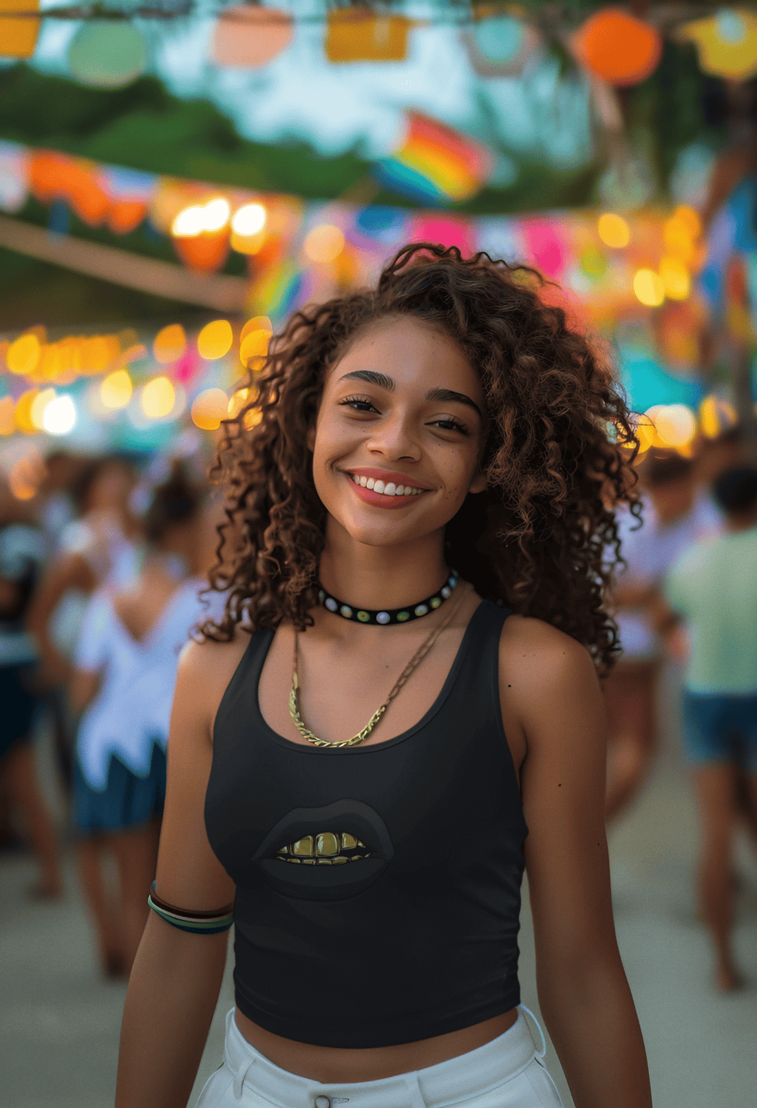 Woman wearing Smiling Gold Crop Tank Top - Front View