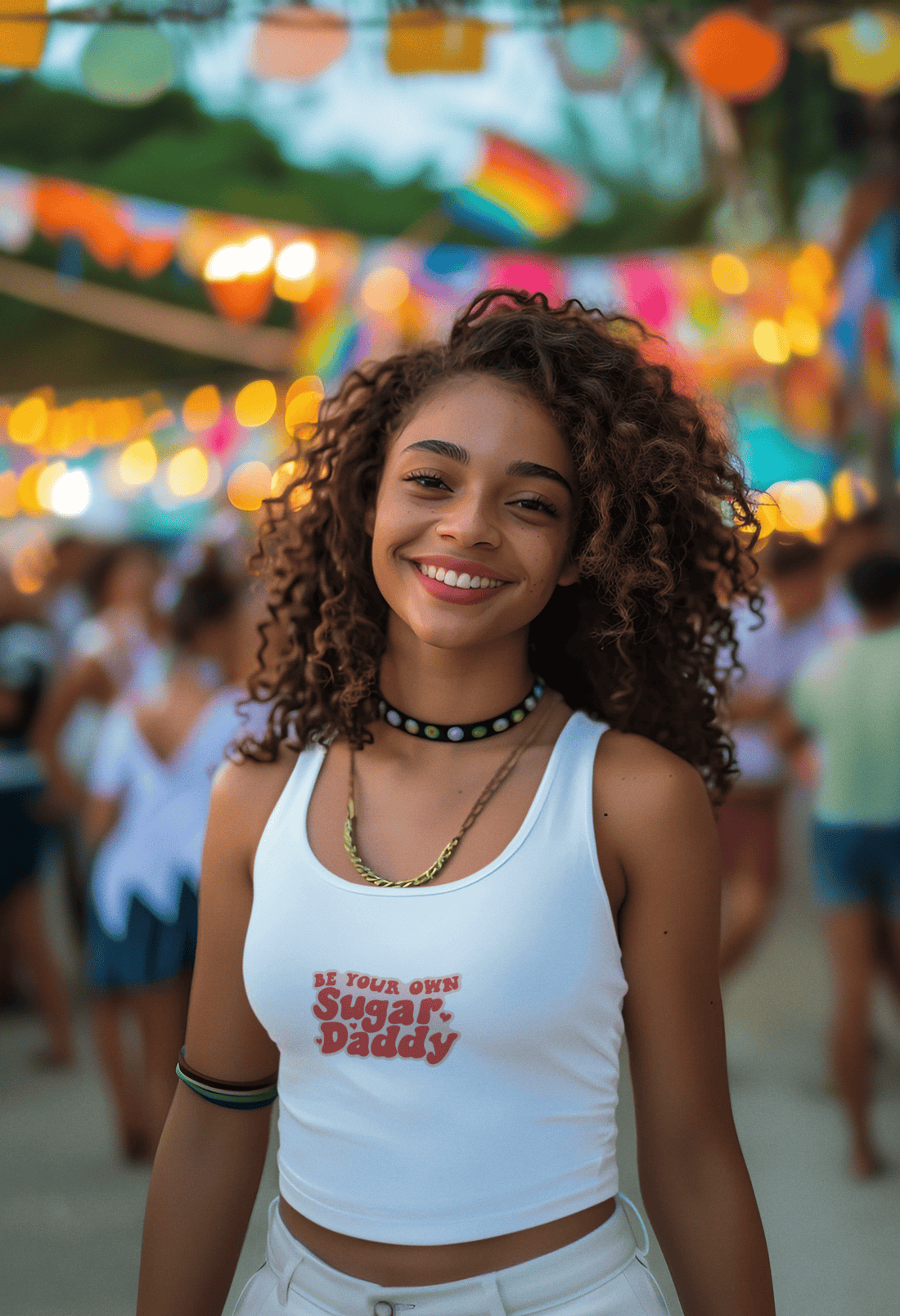 Girl in white cotton crop tank top with bold text 'Be Your Own Sugar Daddy', styled in confident, luxe, self-made energy.