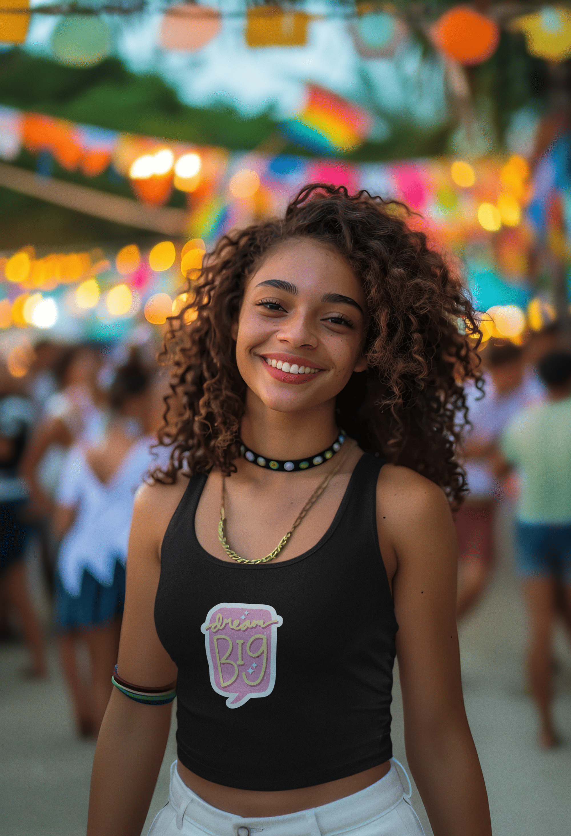 Girl wearing black cotton crop tank top with “Dream Big” text, styled in minimal, confident, vision-board energy.
