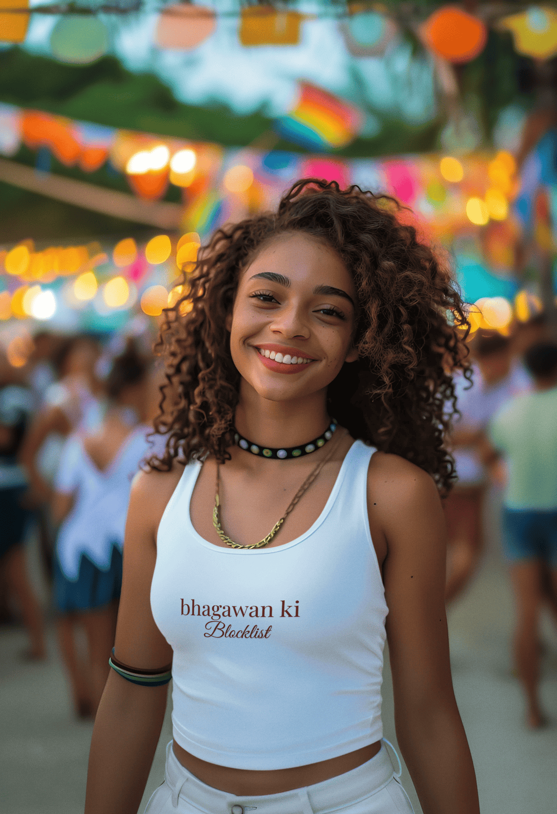 Girl wearing white cotton crop tank top with bold Hindi text print, striking a confident and rebellious look.