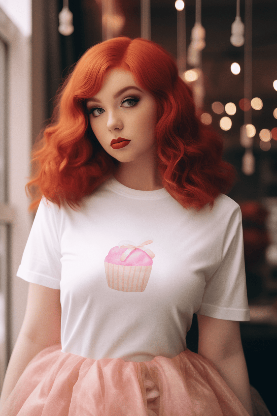 Girl wearing white Cupcake Qween women’s t-shirt from The Edi Archive, featuring a pastel pink watercolor cupcake styled in cute coquette-core aesthetic.